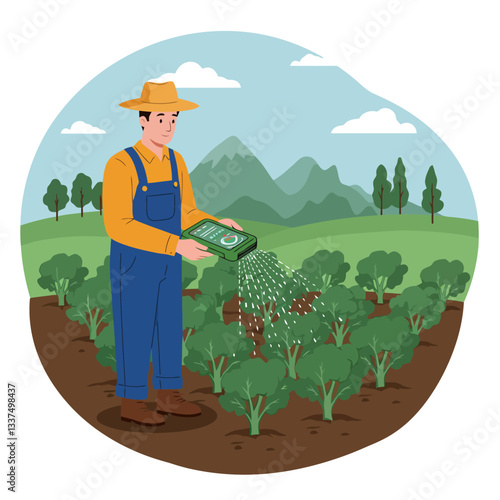 Farmer Watering Crops with Technology in a Picturesque Field Landscape