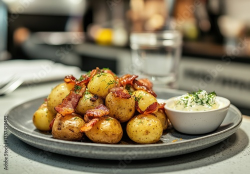 Deliciously Cooked Baby Potatoes with Crispy Bacon and Creamy Dip Served on a Modern Plate in a Cozy Dining Environment