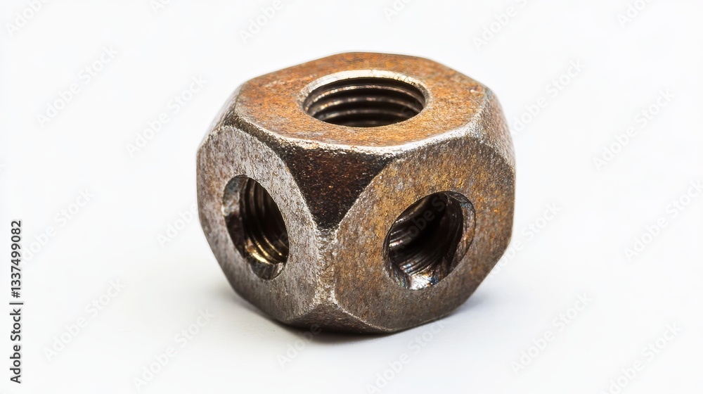A single metal nut isolated against a white background, commonly known as a female screw A single metal nut isolated against a white background, commonly known as a female screw