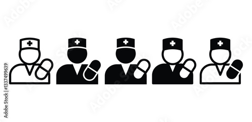 Pharmacist Icons Medical Professionals Holding Pills Black and White Color Vector Design Illustration 