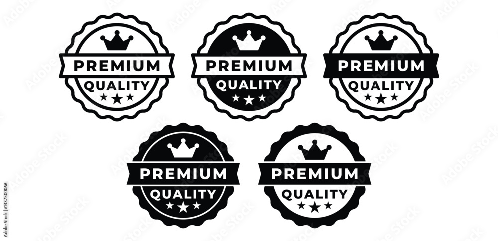 Premium Quality Circular Badges with Crowns and Stars Icon Set Black and White Vector Design Illustration Template Premium Quality Circular Badges with Crowns and Stars Icon Set Black and White Vector Design Illustration Template