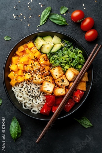 A vibrant bowl of colorful noodles and vegetables, featuring mango, tofu, cucumber, green onions, and red bell peppers, garnished with sesame seeds, ideal for food blogs, restaurants