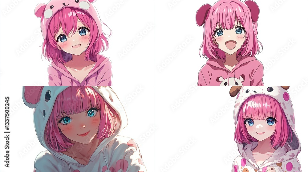 Anime girl with pink hair and bear hoodie.