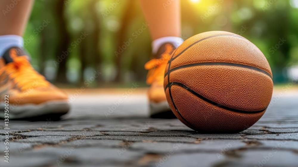 A vibrant basketball rests on a cobbled surface, with a pair of orange athletic shoes in the background, suggesting an active outdoor scene, Ideal for sports-related marketing, promotions A vibrant basketball rests on a cobbled surface, with a pair of orange athletic shoes in the background, suggesting an active outdoor scene, Ideal for sports-related marketing, promotions