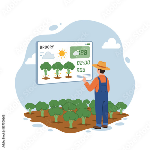 Farmer Monitoring Broccoli Growth and Weather Data on a Screen
