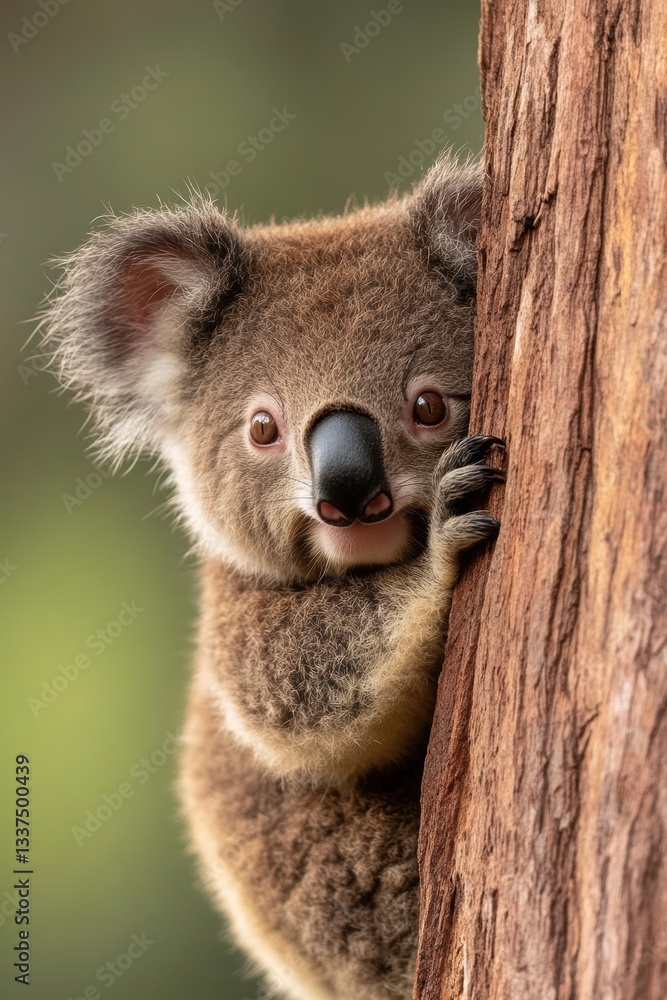 Fototapeta premium A cute koala peeks out from behind a tree, showcasing its fluffy fur and expressive eyes, perfect for wildlife articles, educational materials, or environmental awareness campaigns,