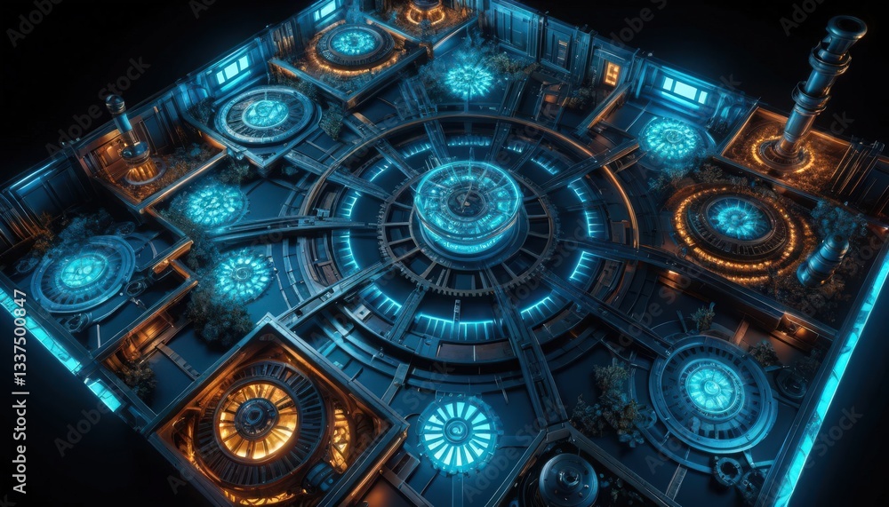 Fototapeta premium Futuristic Cyberpunk Cityscape Aerial View Glowing Neon Lights Complex Mechanical Design