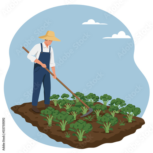 Farmer Tending Broccoli Plants in a Field with Hand Tool