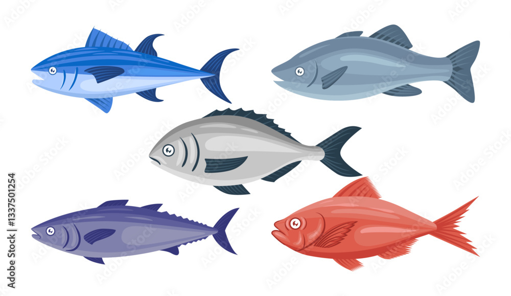 Obraz premium Fish illustration vector collection. Cartoon fish vector set icon. Vector illustration icon fish food on white background. Raw sea animal gourmet food products set