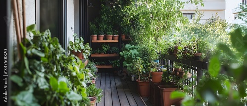 A serene balcony filled with vibrant potted plants, creating a lush, green oasis