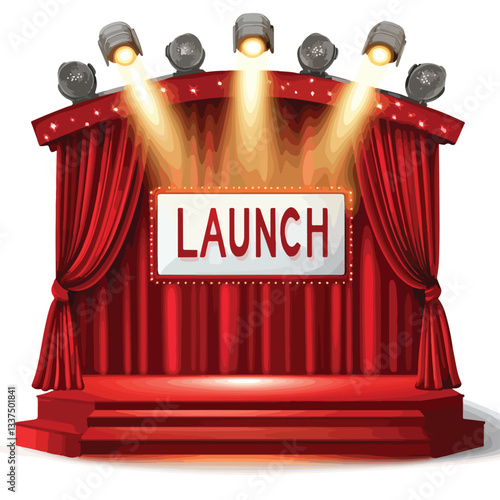 Grand Stage with Crimson Drapes and LAUNCH Sign