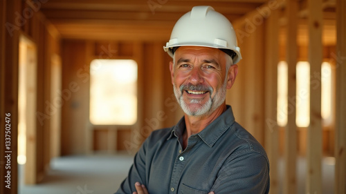 Portrait of a smiling senior construction worker in a hard hat on a building site.