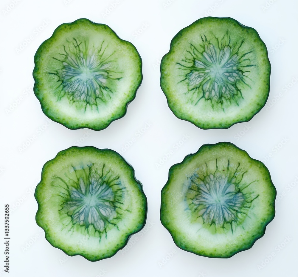 Fresh and Vibrant Cucumber Slices Arranged on a White Background for Healthy Food and Culinary Presentation Fresh and Vibrant Cucumber Slices Arranged on a White Background for Healthy Food and Culinary Presentation