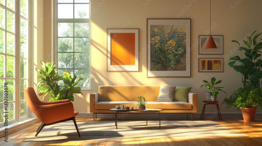 Fototapeta premium Sunlit living room, plants, sofa, window, calm