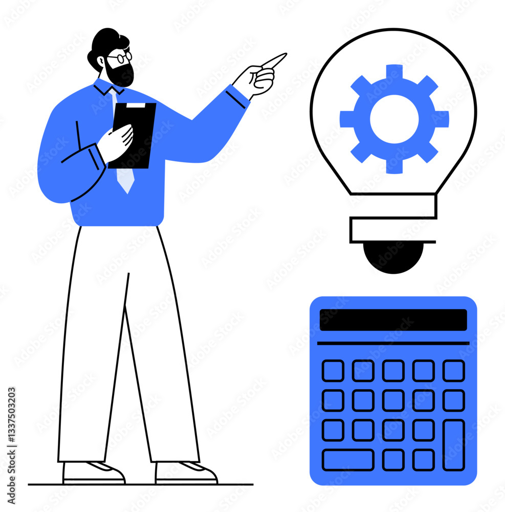 Business professional holding a clipboard, pointing at a lightbulb with gear, next to a large calculator. Ideal for business strategy, innovation, finance, problem-solving, planning Business professional holding a clipboard, pointing at a lightbulb with gear, next to a large calculator. Ideal for business strategy, innovation, finance, problem-solving, planning