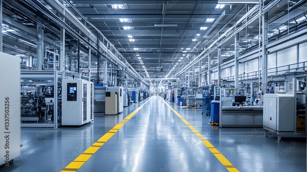 A spacious and modern manufacturing facility with advanced equipment, clear floors, and organized production lines A spacious and modern manufacturing facility with advanced equipment, clear floors, and organized production lines