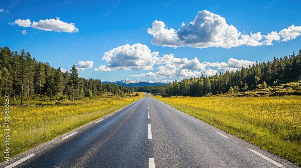 A scenic highway cutting through a field of bright yellow rapeseed flowers and green trees A scenic highway cutting through a field of bright yellow rapeseed flowers and green trees
