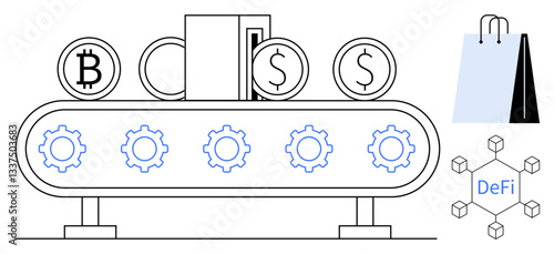 Conveyor belt processing dollar, bitcoin coins gears signify workflow. Shopping bag and decentralized finance represent e-commerce and blockchain. Ideal for finance, tech, innovation, blockchain