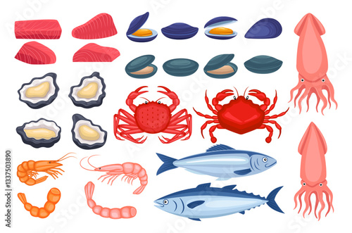 Seafood illustration vector collection. Cartoon seafood vector set icon. Vector illustration icon fish food on white background. Raw sea animal gourmet food products set