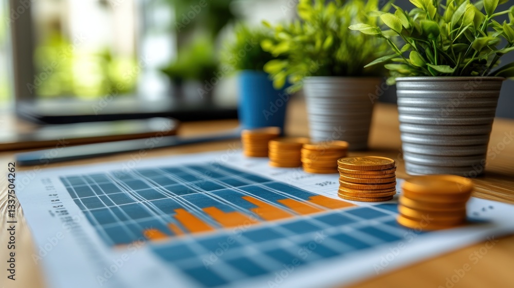 Financial Growth and Investment: Coins Stacked on a Business Report Financial Growth and Investment: Coins Stacked on a Business Report