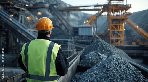 Mine worker inspecting conveyor belts at a rock processing facility background