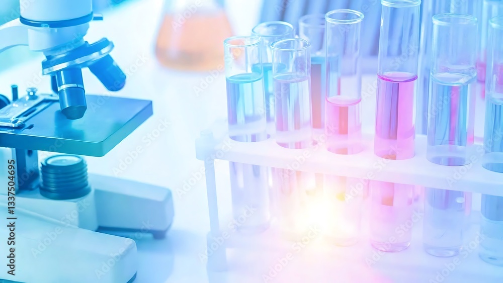 Unveiling Scientific Mysteries Colorful Liquids In Test Tubes Awaiting Analysis Under A Powerful Microscope, Bathed In Soft Blue And Pink Light Unveiling Scientific Mysteries Colorful Liquids In Test Tubes Awaiting Analysis Under A Powerful Microscope, Bathed In Soft Blue And Pink Light