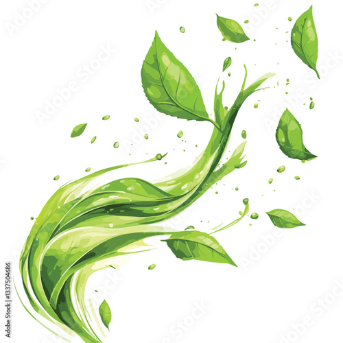 Green Herbal Tea Wave Splash with Leaves Flow
