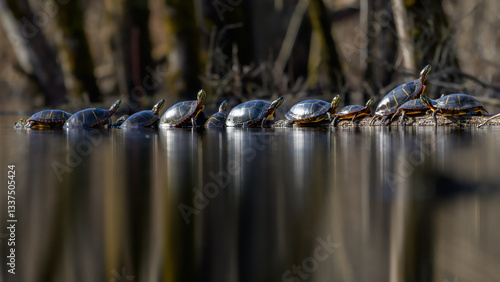 Large group of Eastern Painted Turtles sunning on a log