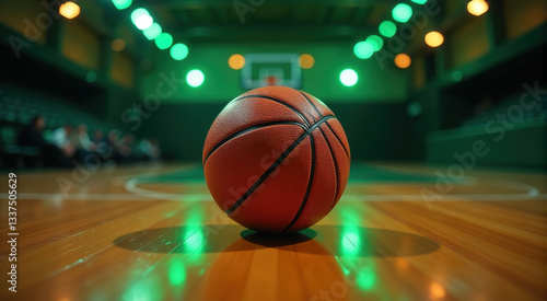 Closeup of a basketball on a wooden court at night. Green lights illuminate the scene. Spectators are blurred in the background.