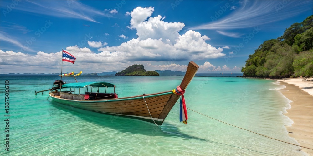 Fototapeta premium Tranquil Thai Longtail Boat Anchored in a Pristine Bay, A serene scene of a traditional Thai longtail boat