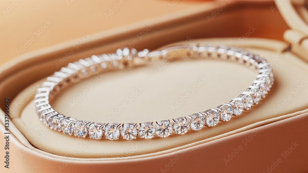 Designer diamond bracelet in an open soft leather jewelry box on a light peach background Designer diamond bracelet in an open soft leather jewelry box on a light peach background