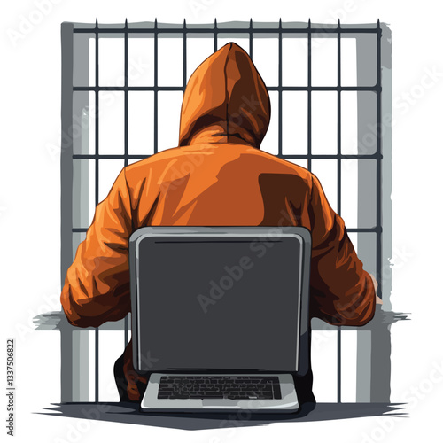 Focused Hacker in Prison Cell Vector Illustration
