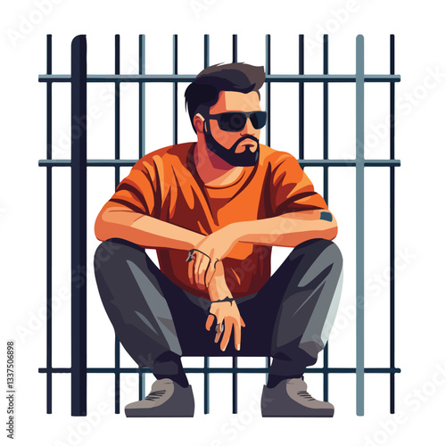 Focused Hacker in Prison Cell Vector Illustration