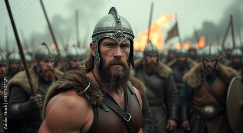 A powerful Viking warrior stands out in front of his army, ready for battle. Epic cinematic shot.