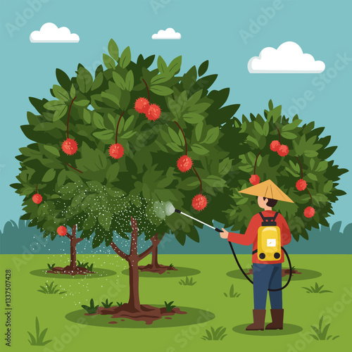 Spraying Fruit Trees in Orchard with Sprayer Wearing Hat and Boots