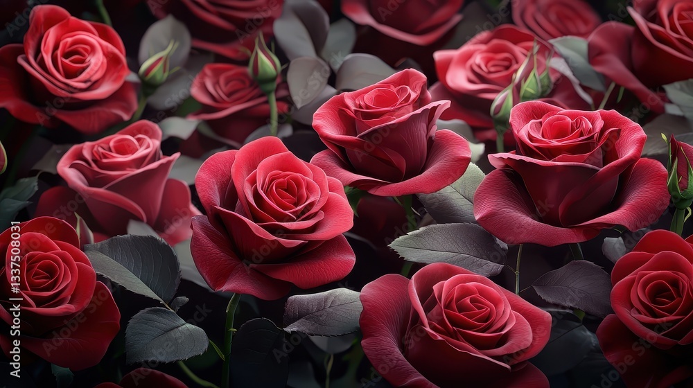 Obraz premium A lush floral background filled with deep red roses, their velvety petals forming an elegant and romantic pattern. Dark green leaves contrast against the rich crimson blooms.