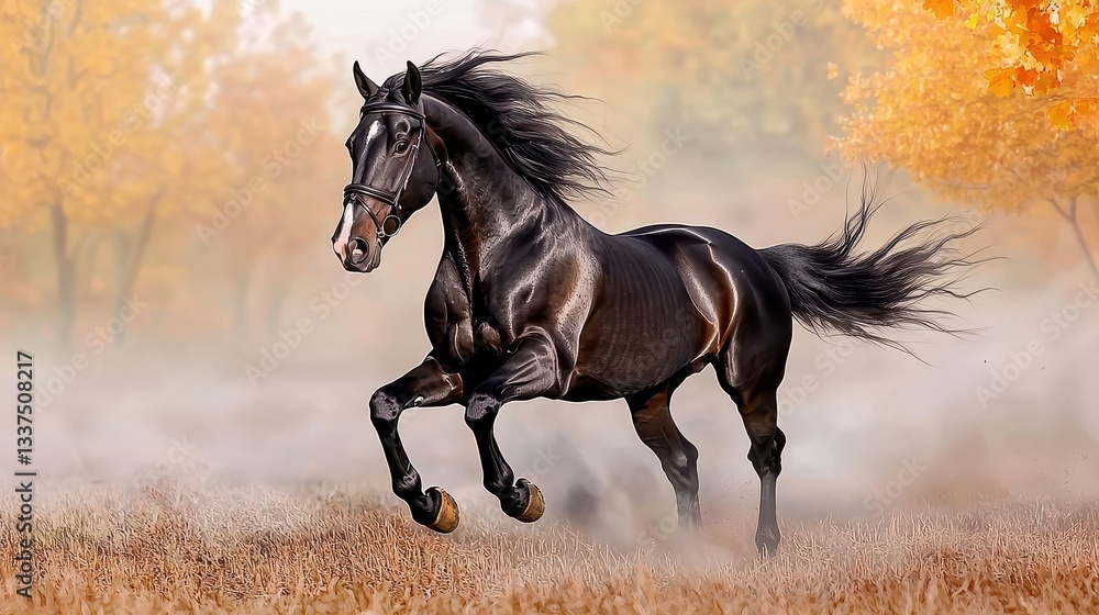 A majestic black horse galloping through a misty field, its powerful muscles and flowing mane creating a dramatic and cinematic scene. A majestic black horse galloping through a misty field, its powerful muscles and flowing mane creating a dramatic and cinematic scene.