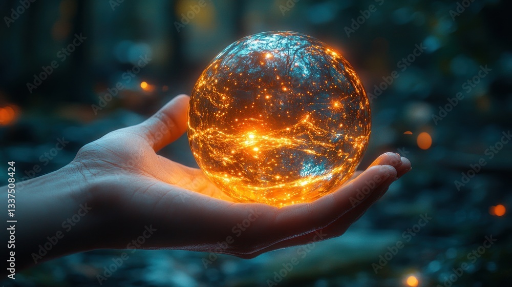 Fototapeta premium Glowing Orb in Hand: A Mystical Encounter