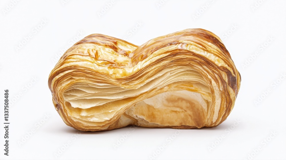 Fototapeta premium Freshly baked golden-brown croissant with a flaky texture and crisp layers, isolated on a bright white background.