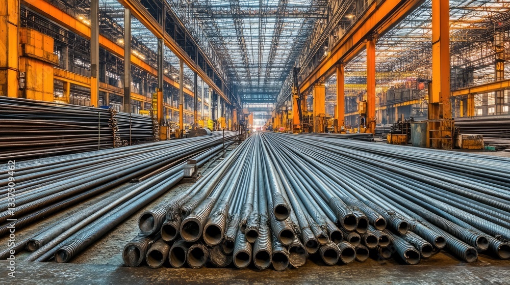 Obraz premium Industrial warehouse filled with steel rods under artificial lighting with an orange background