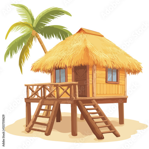 Tropical Beach House and Bar on Hawaii Island Vector Illustration