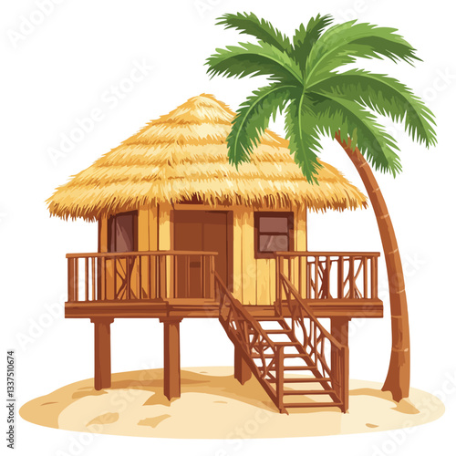 Tropical Beach House and Bar on Hawaii Island Vector Illustration