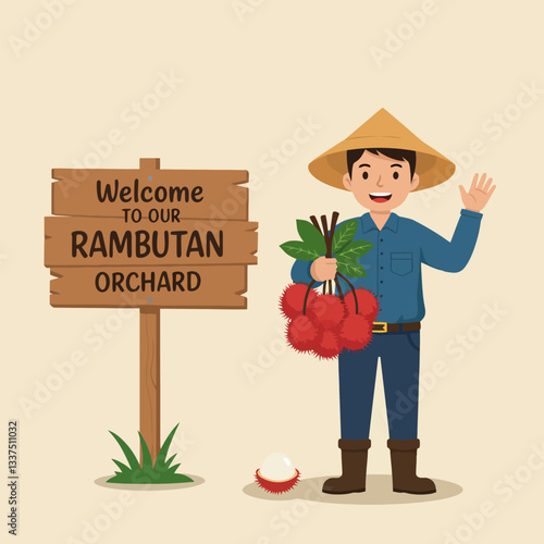 Smiling Farmer Welcoming Visitors to Rambutan Orchard with Fresh Fruits