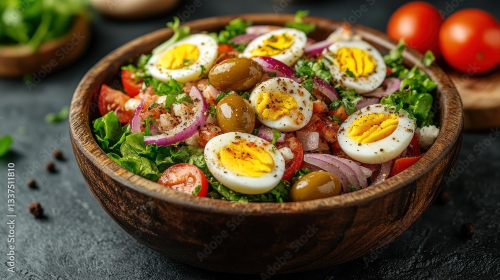 Colorful salad bowl with hard-boiled eggs, olives, tomatoes, and greens Colorful salad bowl with hard-boiled eggs, olives, tomatoes, and greens