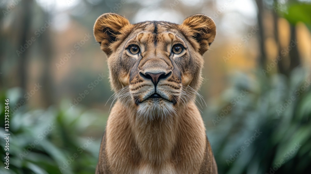 Naklejka premium Majestic Lioness in Lush Green Habitat