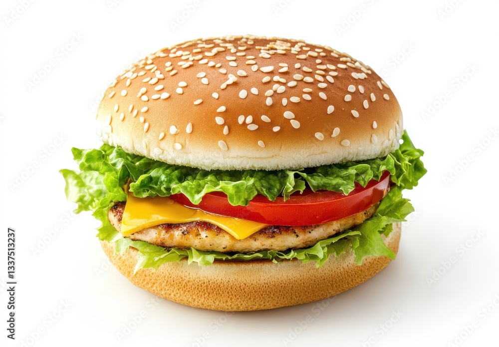 Freshly Prepared Chicken Burger with Lettuce, Tomato, and Cheddar Cheese on a Toasted Sesame Seed Bun for a Delicious Meal Experience Freshly Prepared Chicken Burger with Lettuce, Tomato, and Cheddar Cheese on a Toasted Sesame Seed Bun for a Delicious Meal Experience