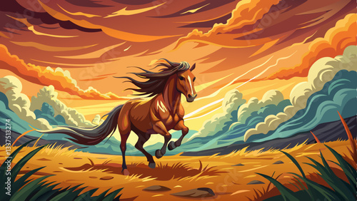 vector of wild mustang galloping across an open plain, its mane flowing in the wind, with storm clouds gathering on the horizon.