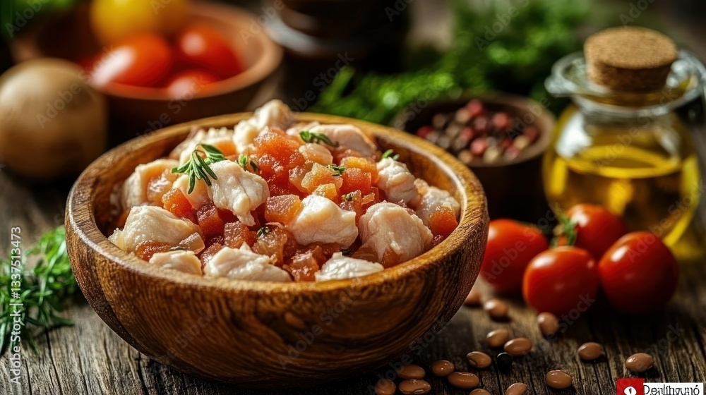 Cooked chicken, tomatoes, and herbs in a wooden bowl. Fresh ingredients for a dish Cooked chicken, tomatoes, and herbs in a wooden bowl. Fresh ingredients for a dish