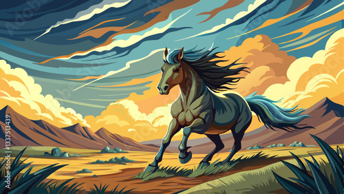 vector of wild mustang galloping across an open plain, its mane flowing in the wind, with storm clouds gathering on the horizon.