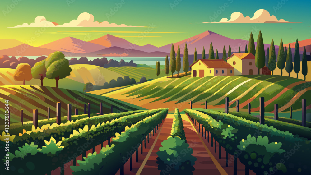 Naklejka premium vector of picturesque vineyard on a rolling hillside, with rows of grapevines stretching toward the horizon under a golden sunset.